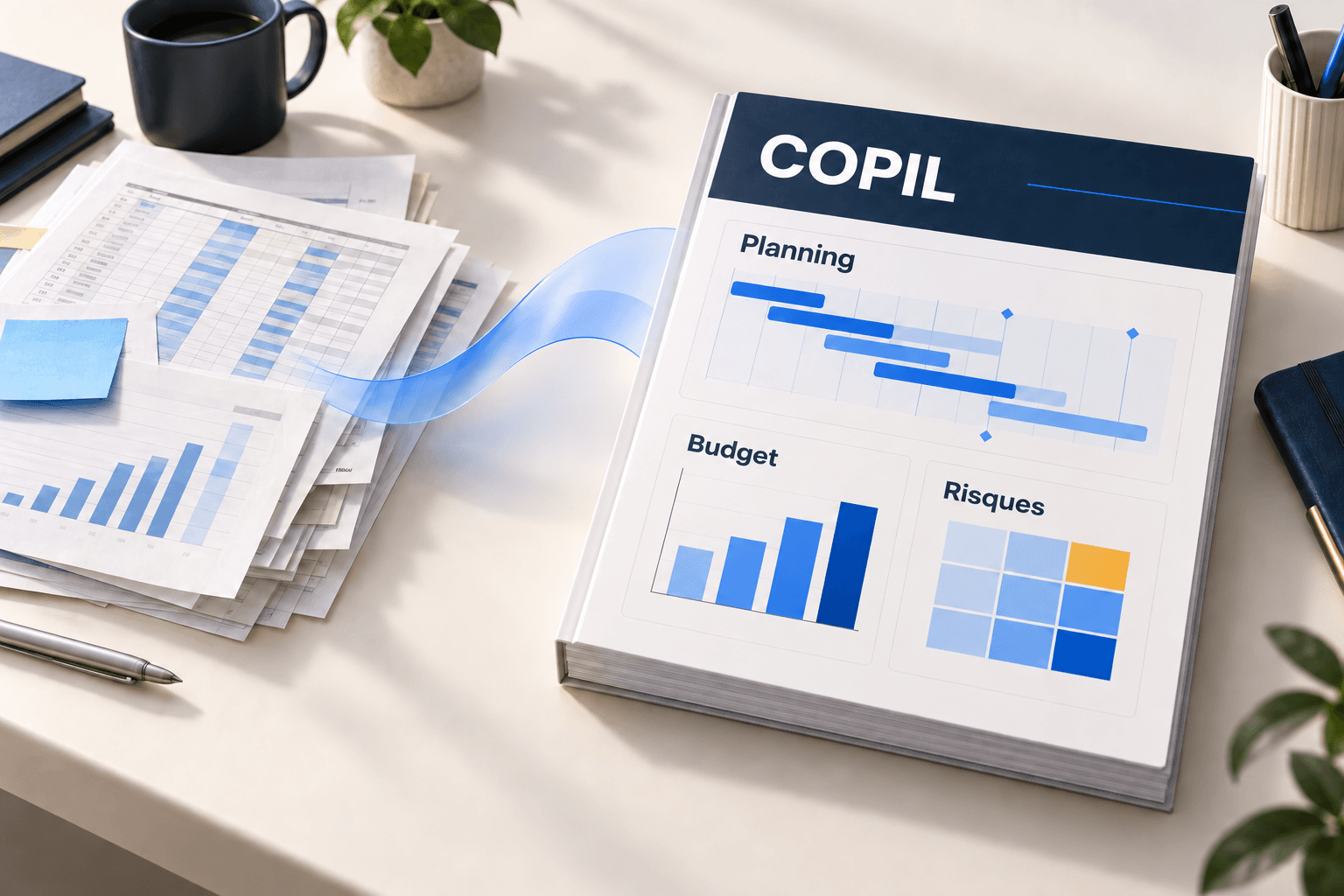 Des documents de projet réunis en un support de COPIL : planning, budget et risques.