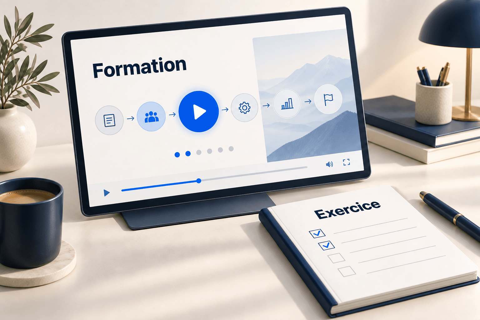 Un espace de formation vidéo accompagné de son cahier d’exercice et d’une progression par modules.